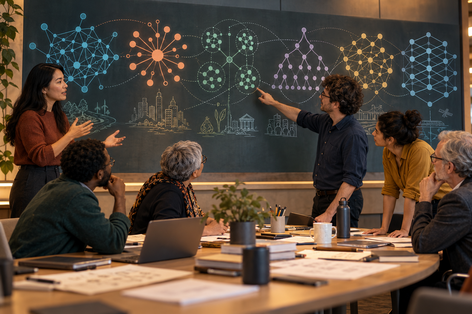Six people discussing several network diagrams on a shared analysis wall.
