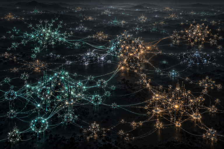 Conceptual illustration of artificial general intelligence as many separate computational networks across a landscape.