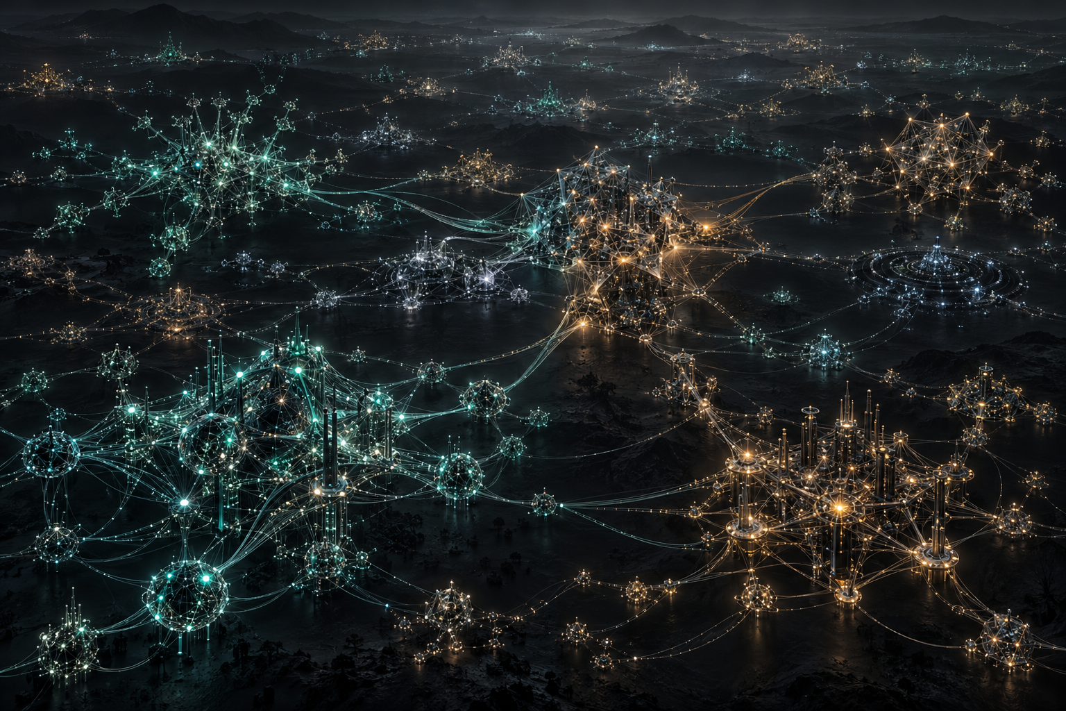 Conceptual illustration of artificial general intelligence as many separate computational networks across a landscape.