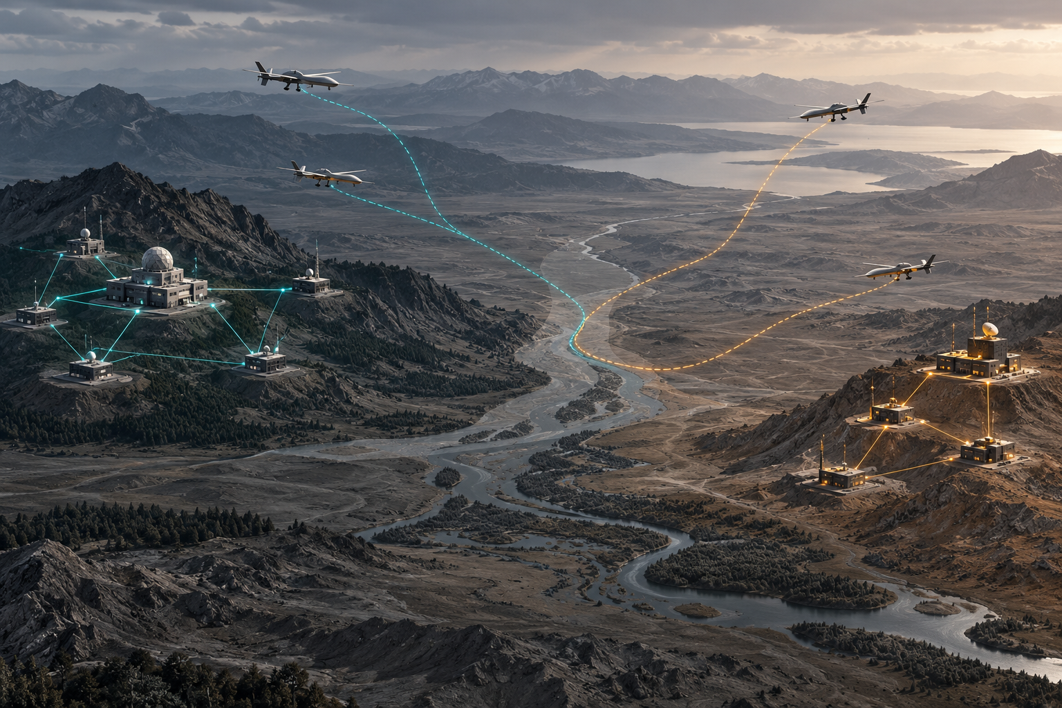 Conceptual illustration of two separate defense networks and unmanned aircraft over a shared mountainous landscape.