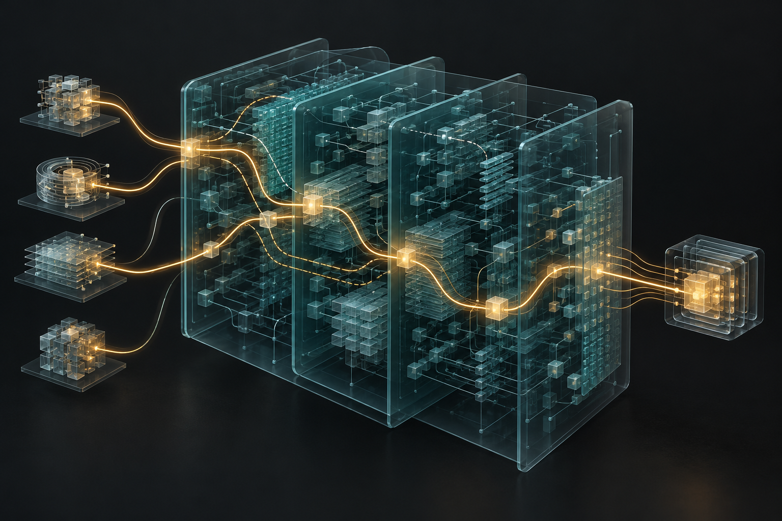 Conceptual cutaway of layered computational networks with amber paths linking input structures to an output.