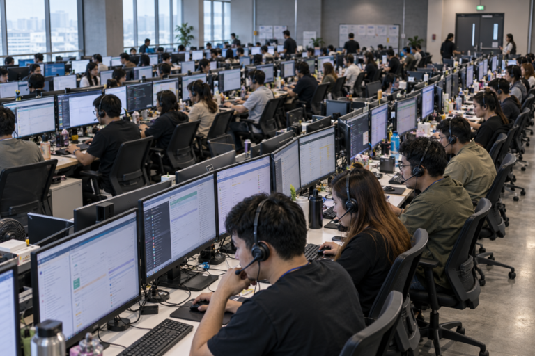 Conceptual AI cybercrime scene showing rows of modern computer workstations in a large coordinated operation.