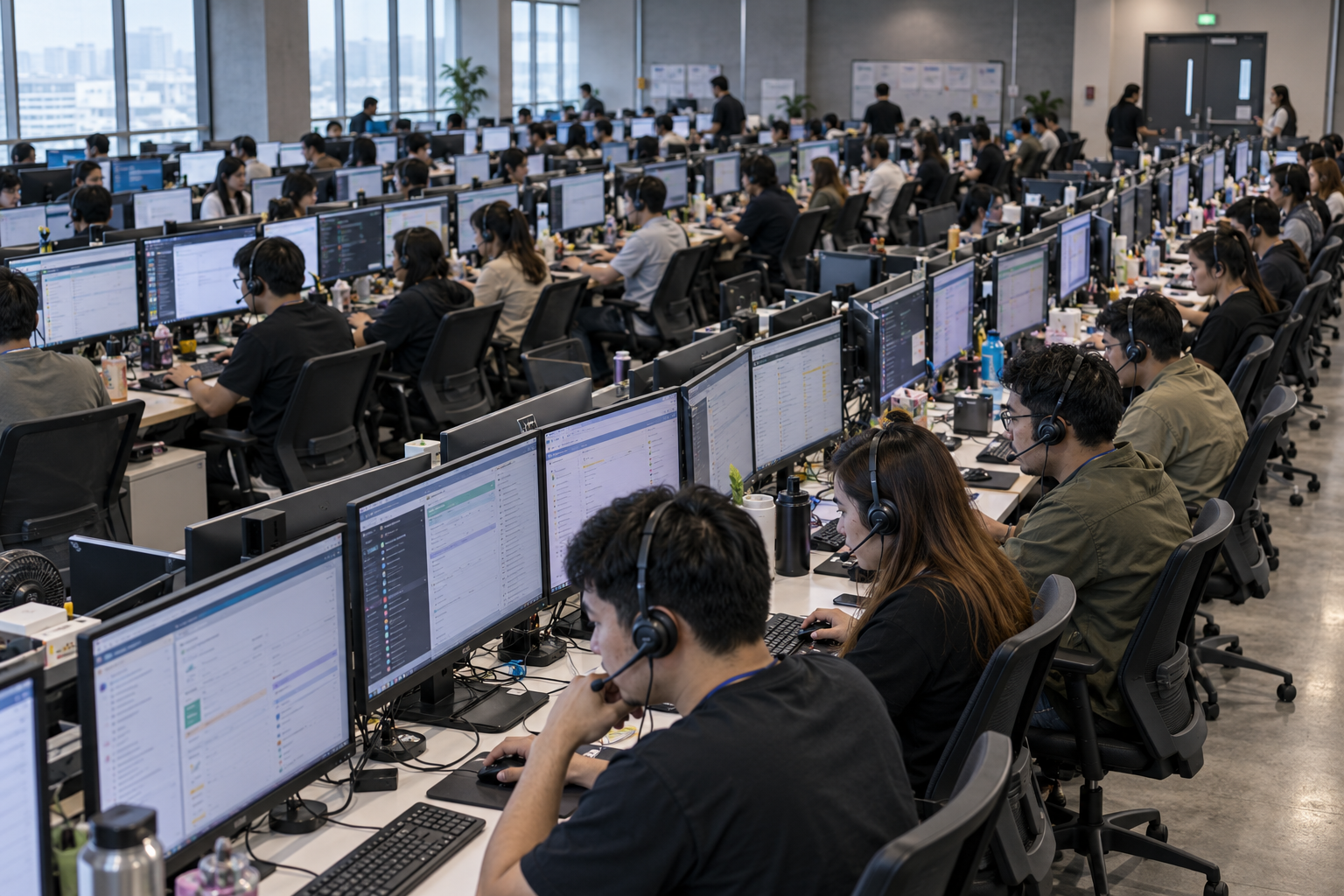 Conceptual AI cybercrime scene showing rows of modern computer workstations in a large coordinated operation.