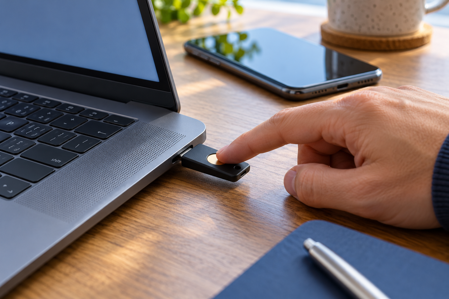 A person touches a USB-C hardware security key connected to a modern work laptop.