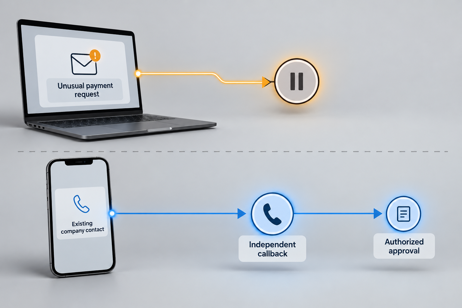 Diagram showing an unusual payment request paused while a separate callback starts from an existing company contact record.