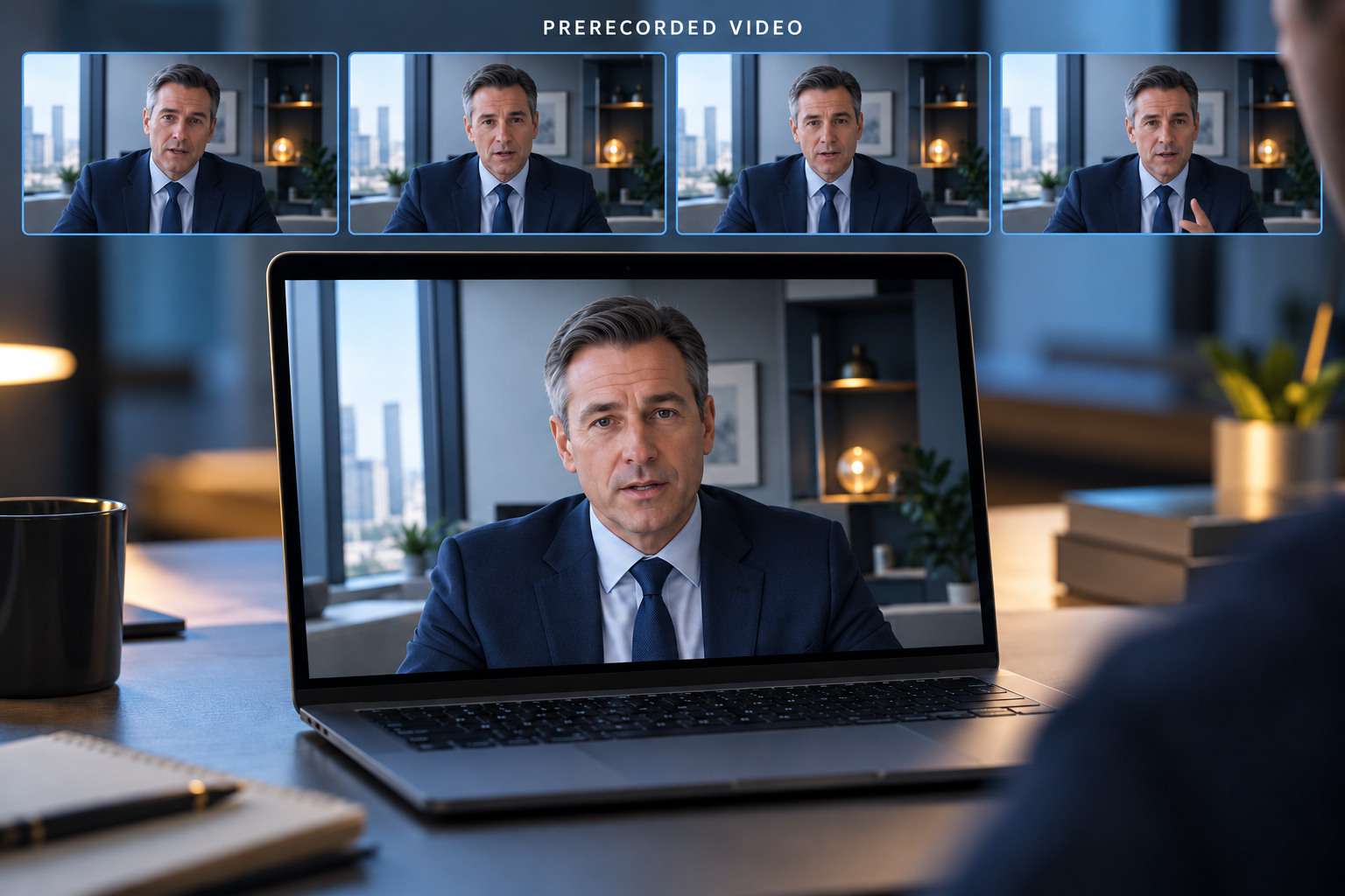 Conceptual laptop video of a fictional executive, with four separate digital media frames labeled PRERECORDED VIDEO.