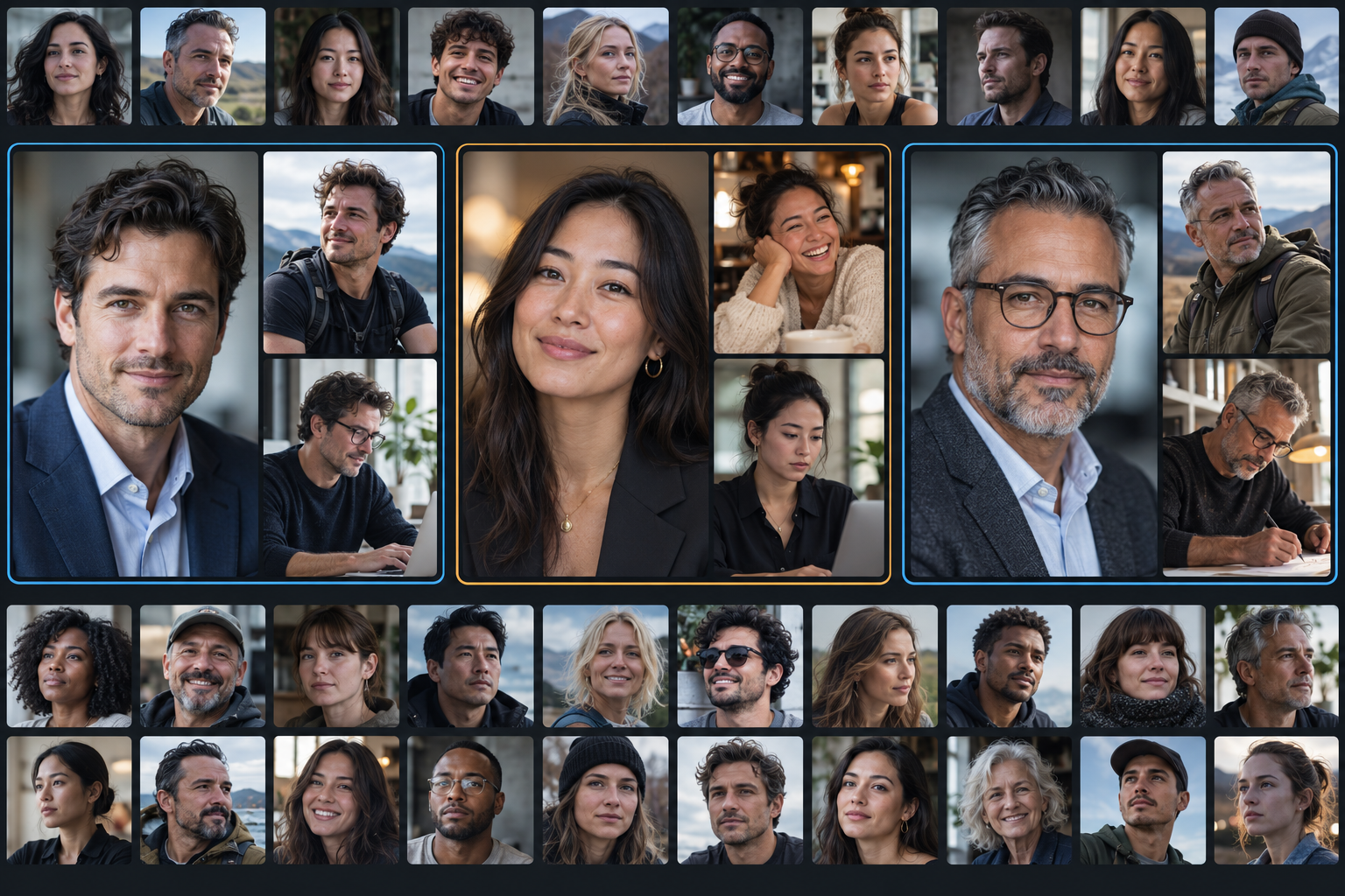 Digital editorial montage of many realistic fictional profile photographs, arranged in small portraits and three larger groups.