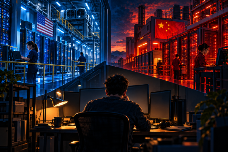 Editorial illustration of the AI cybersecurity arms race: U.S. and Chinese computing facilities above an independent operator's desktop.