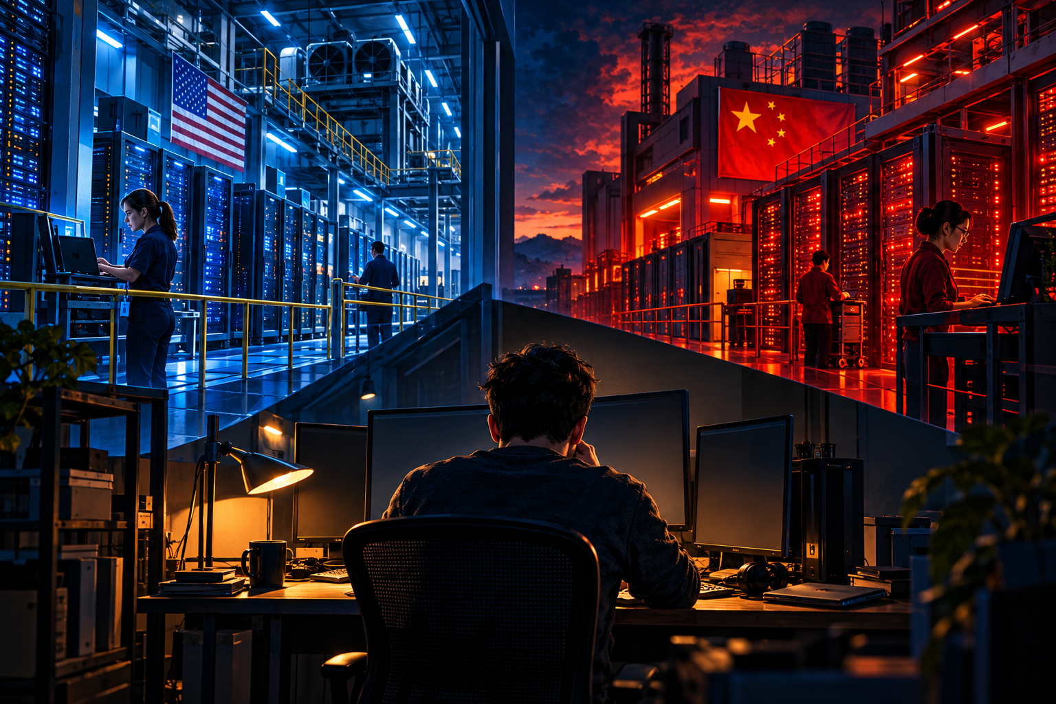 Editorial illustration of the AI cybersecurity arms race: U.S. and Chinese computing facilities above an independent operator's desktop.