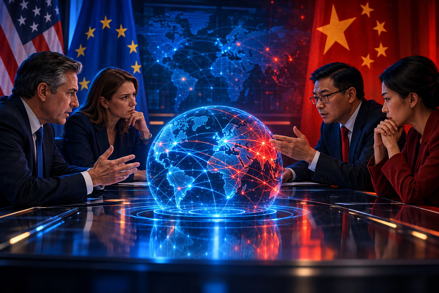 Digital illustration of four fictional civilian diplomats discussing a glowing global network, with U.S., Chinese and European flag fields behind them.