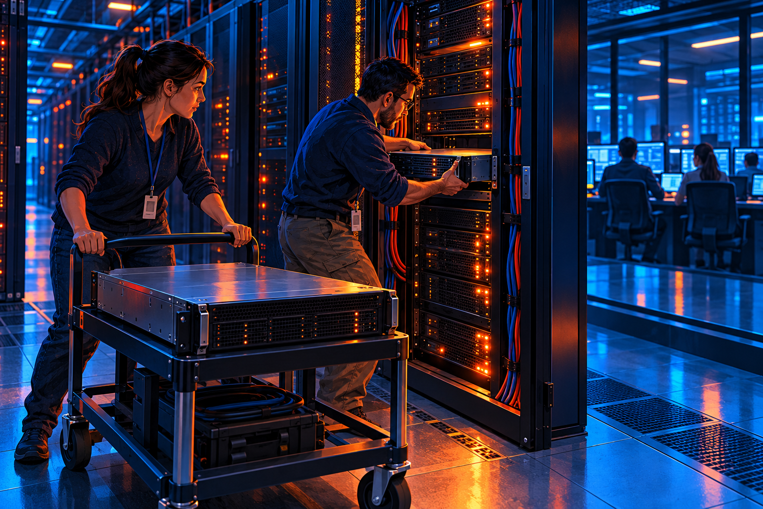 Illustration of engineers moving and installing server equipment beside a room where cyber analysts work.