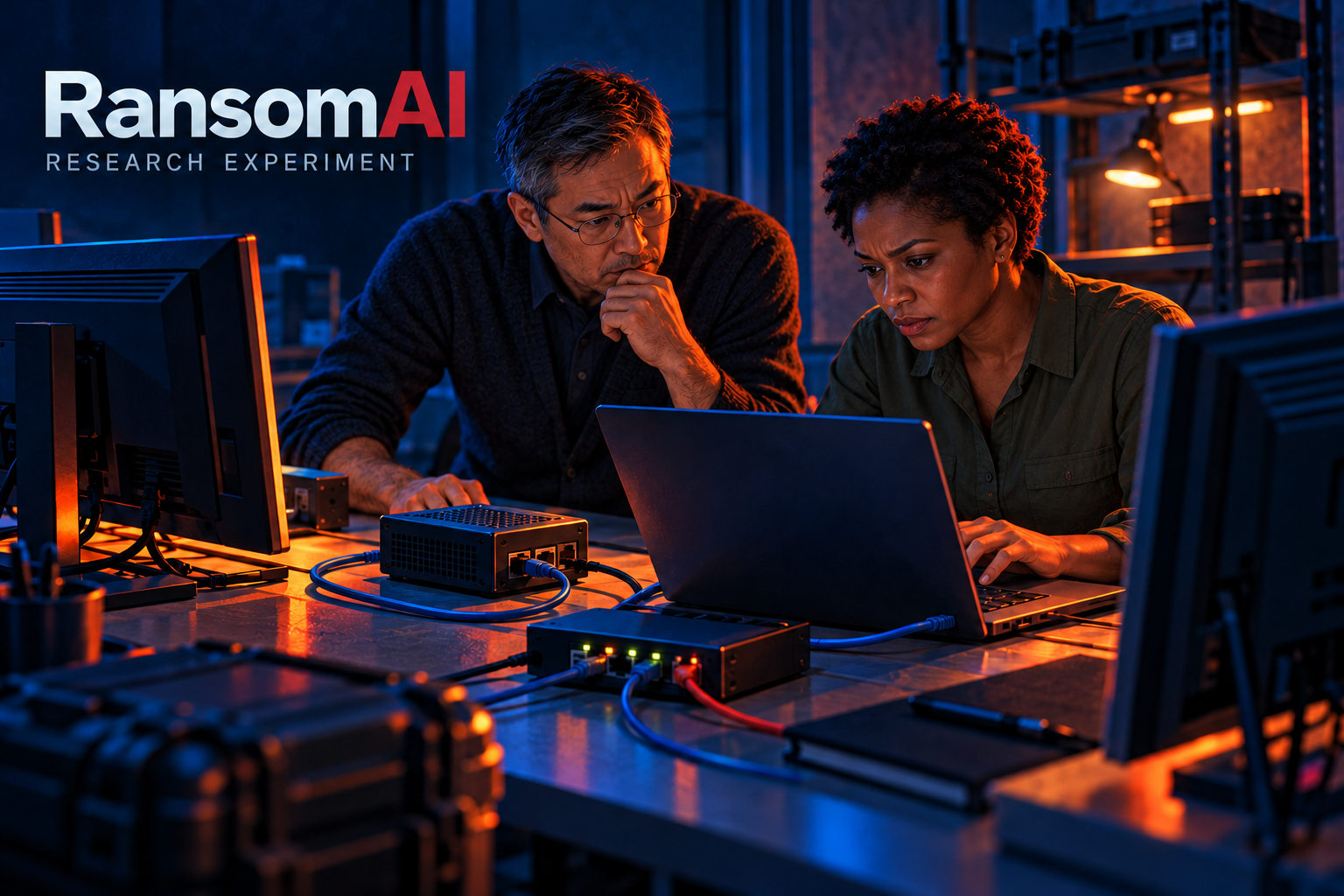 RansomAI research illustration of two researchers operating an isolated computer testbench with a closed test device and connected monitoring equipment.