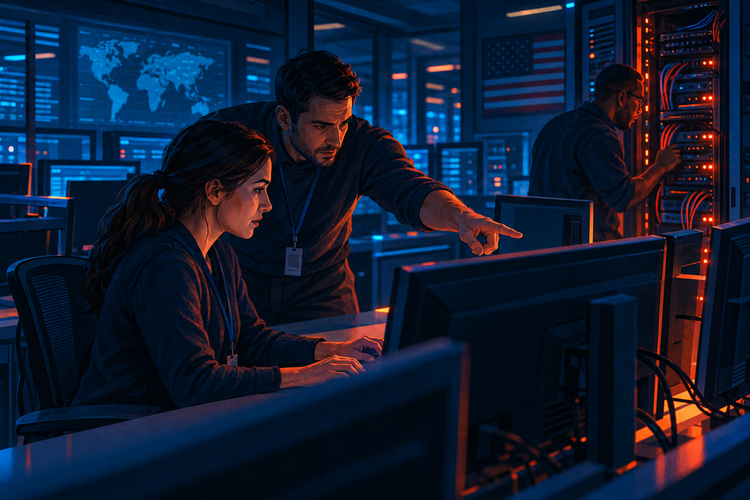 Illustration of three civilian cyber analysts coordinating at computer workstations and a server rack.