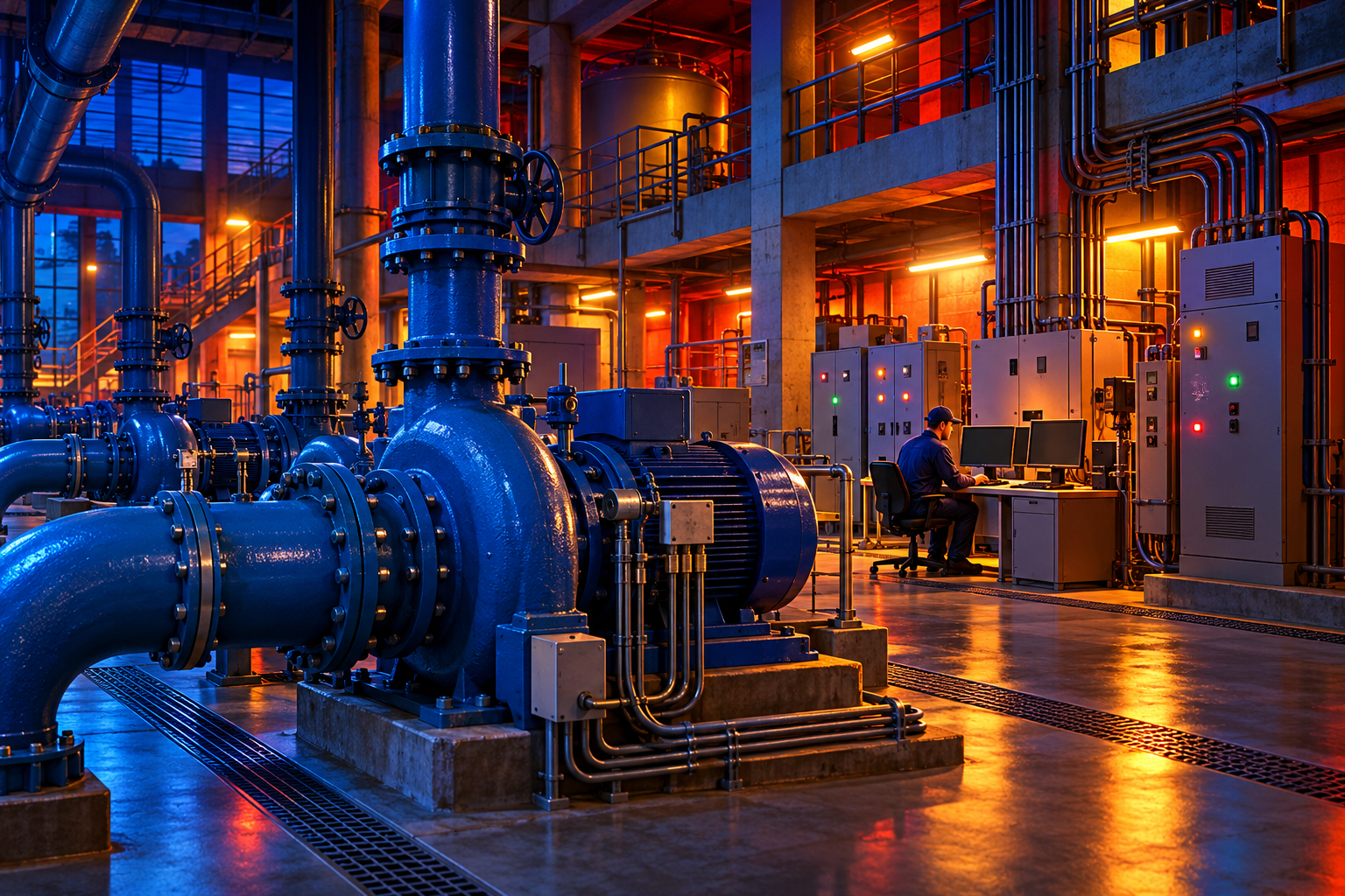 Illustration of large water pumps, pipes, control cabinets and a technician at a utility computer workstation.