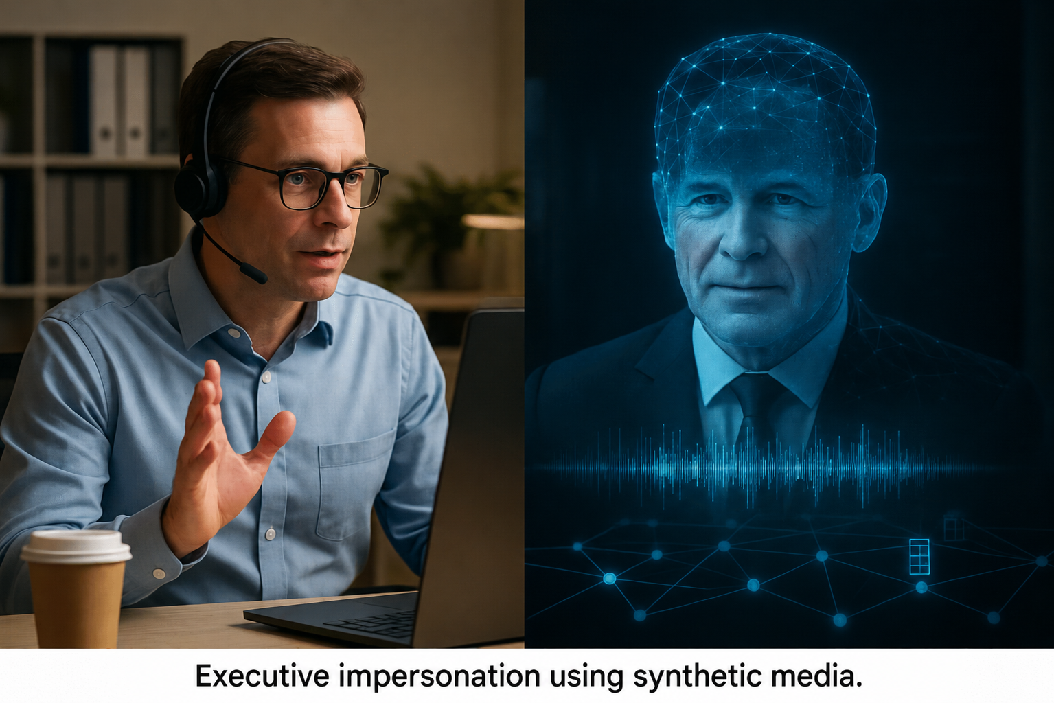 Concept illustration of a headset-wearing person beside a digitally rendered executive portrait and waveform.
