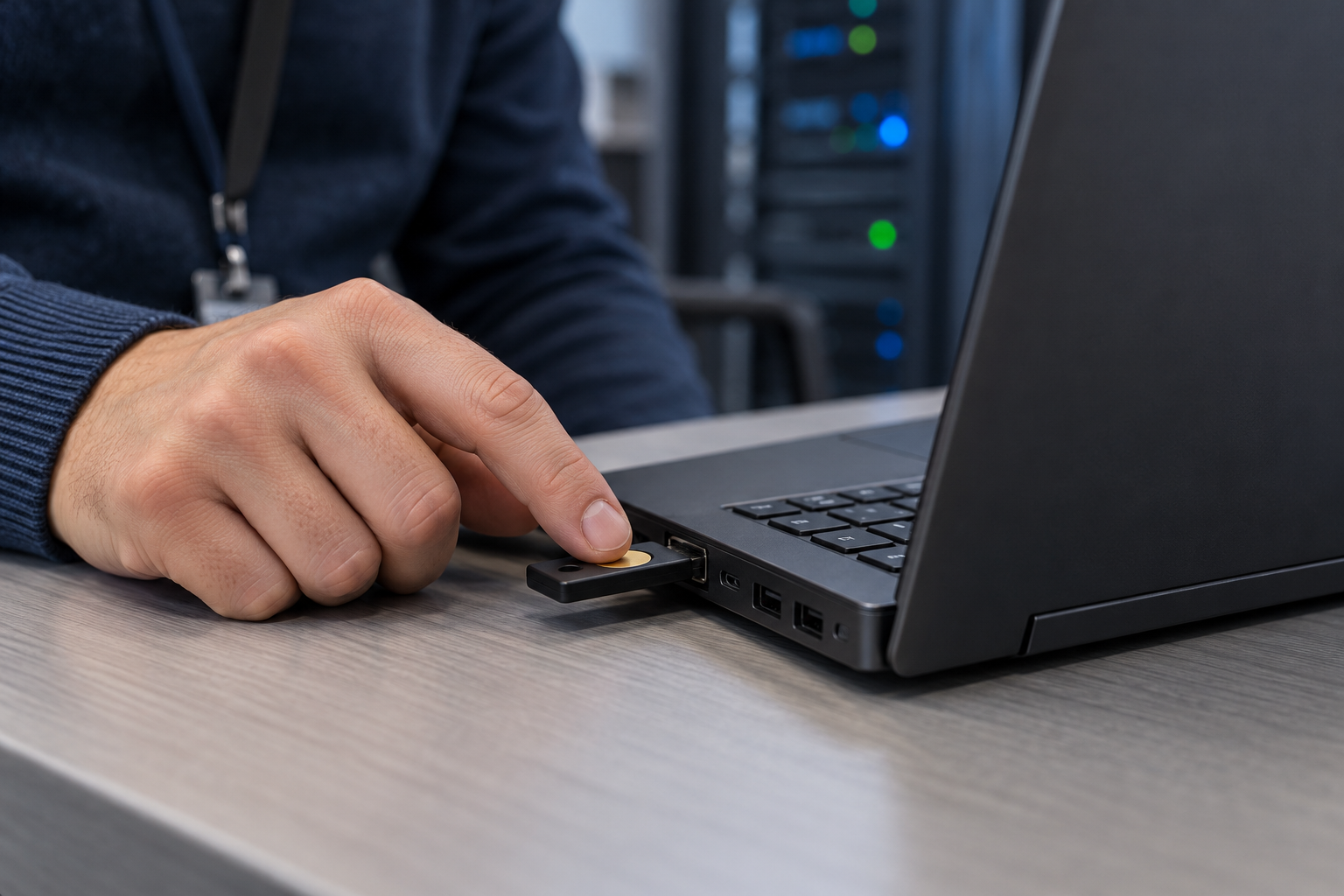 Administrator touching the gold contact of a USB hardware security key inserted in a workplace laptop.