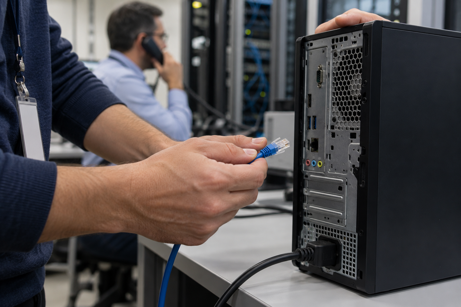 Workplace IT responder holding a disconnected blue Ethernet cable beside a workstation while a colleague speaks on a phone.