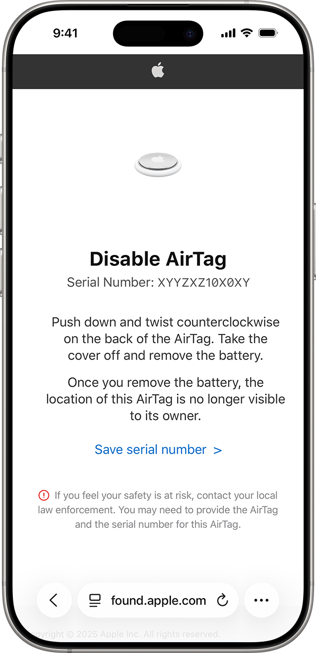 Apple's example AirTag page shows battery-removal instructions and a Save serial number option.