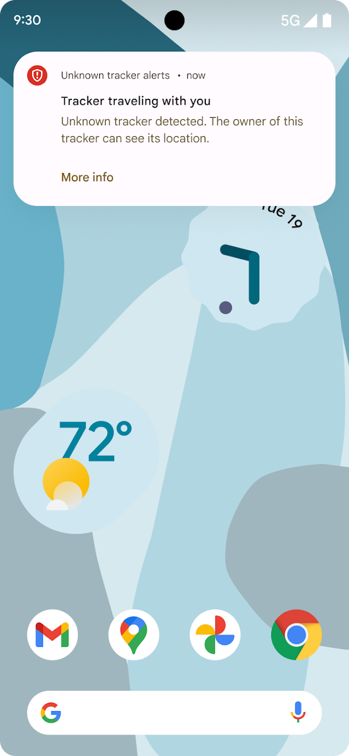 Google's Android example notification says Tracker traveling with you and offers More info.