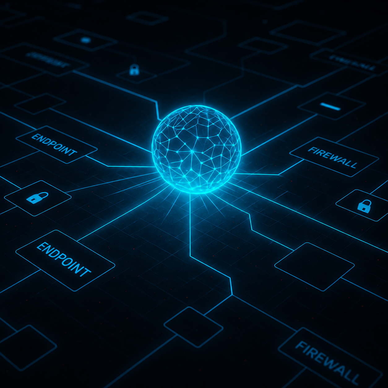 Concept illustration of a glowing network globe connected to boxes labeled ENDPOINT and FIREWALL.