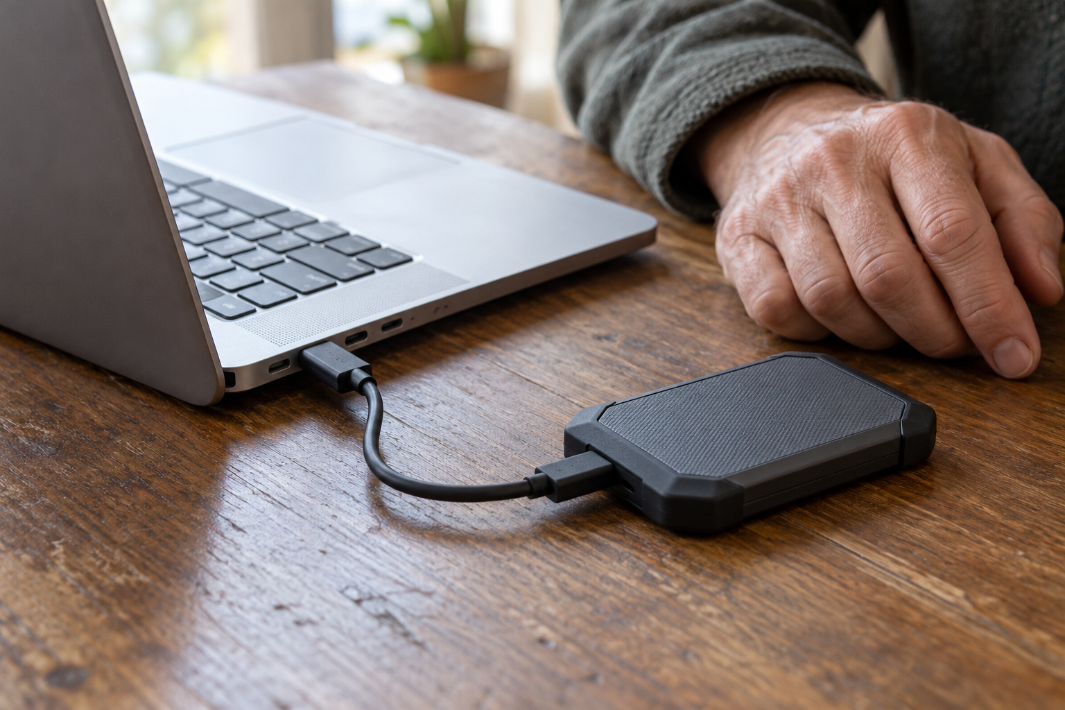 An external backup drive is physically connected to an older laptop by a short USB cable, with both endpoints visible.