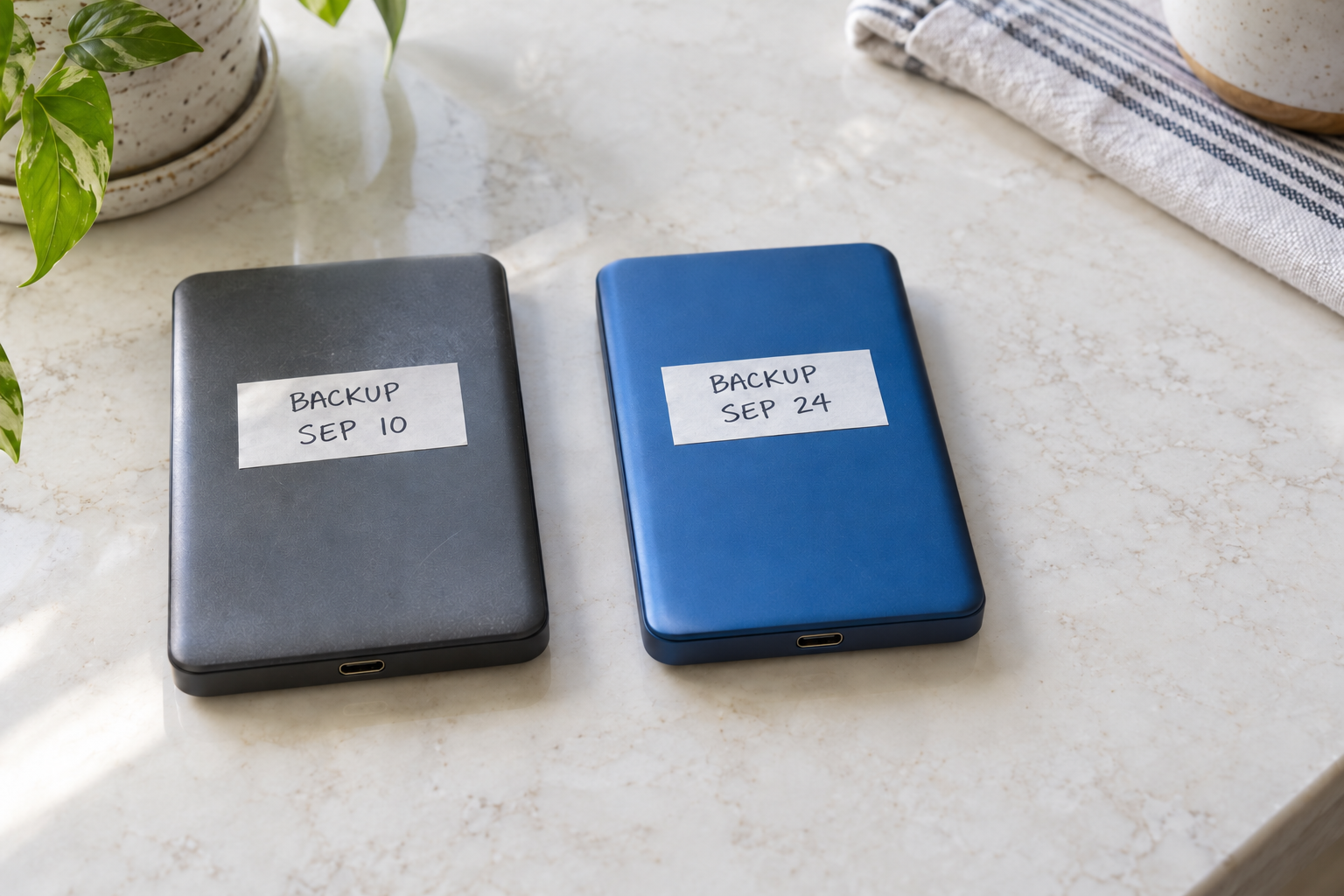 Two disconnected external backup drives with paper labels reading BACKUP SEP 10 and BACKUP SEP 24.