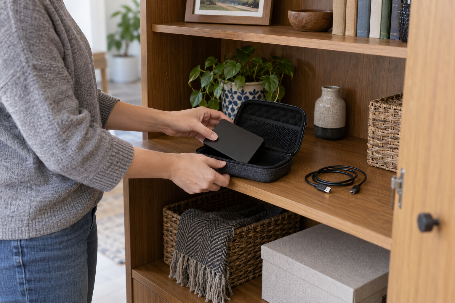 Adult putting a portable drive into a padded case on a home cabinet shelf, with a disconnected USB cable beside it.