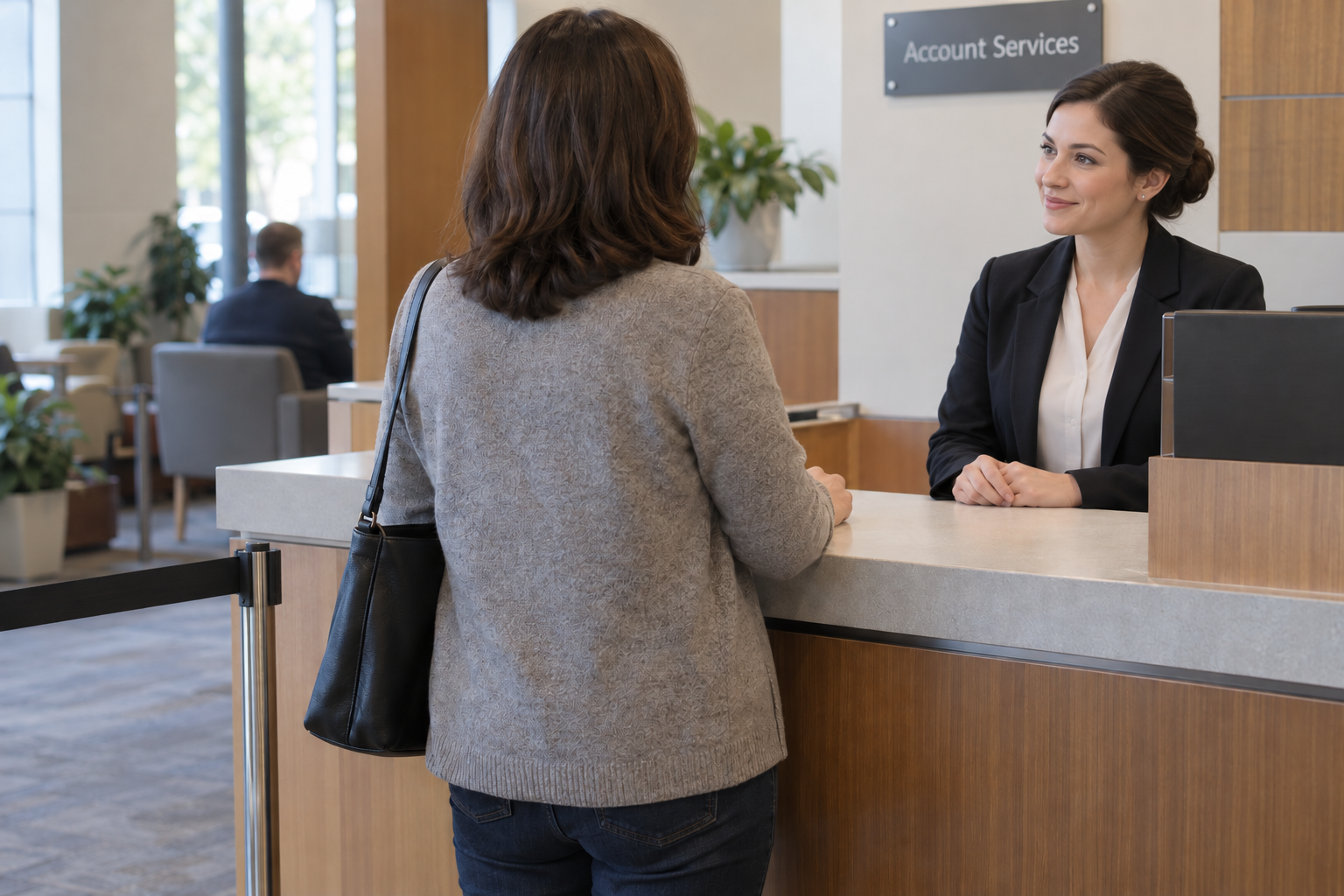 Customer speaking with a staff member across a bank account-services counter.