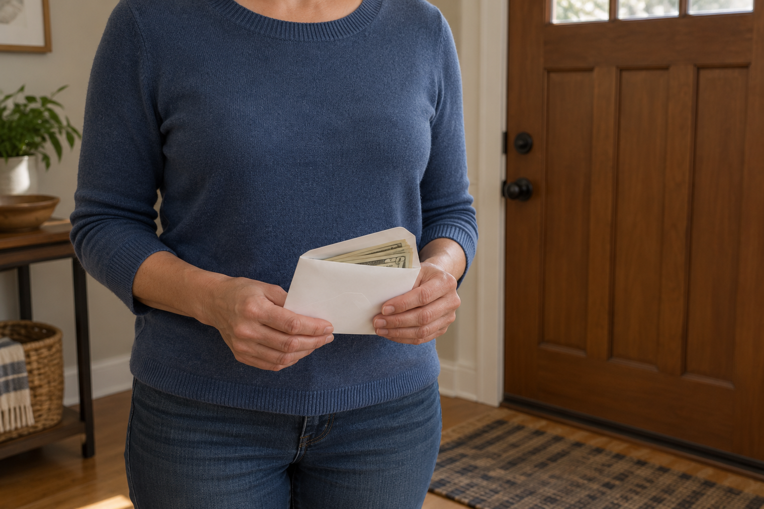 Adult in a blue sweater holding a partly open envelope with cash beside a closed front door.