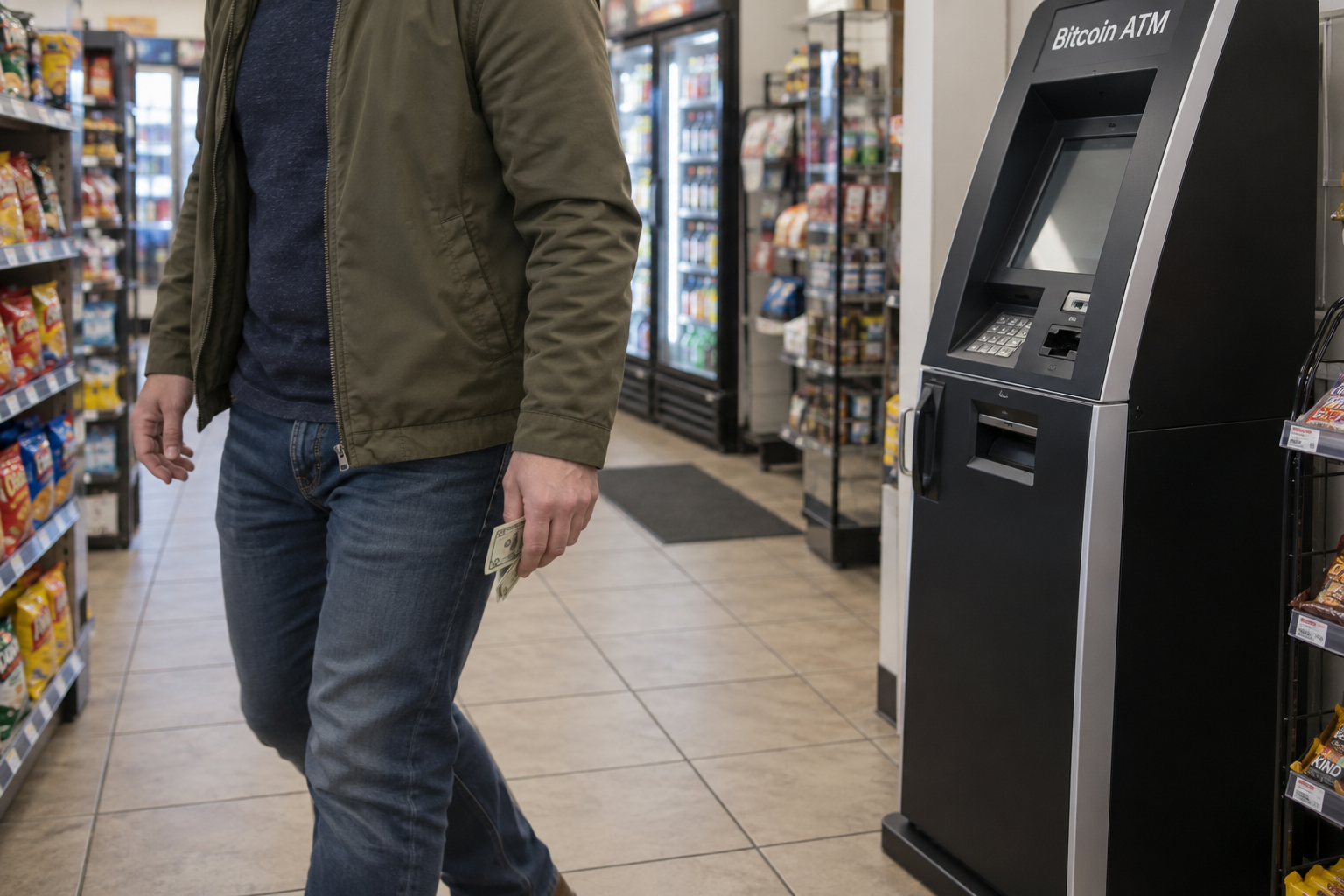 A person holding folded banknotes at their side while stepping away from a Bitcoin ATM.