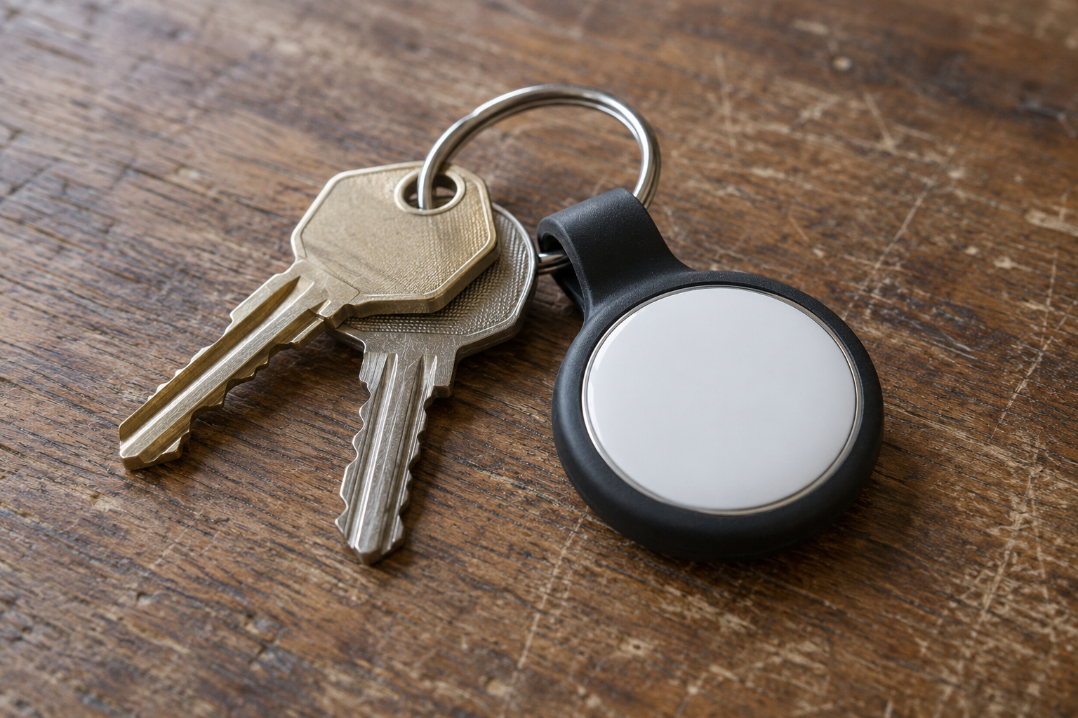 Round Bluetooth item tracker in a black holder beside two house keys.