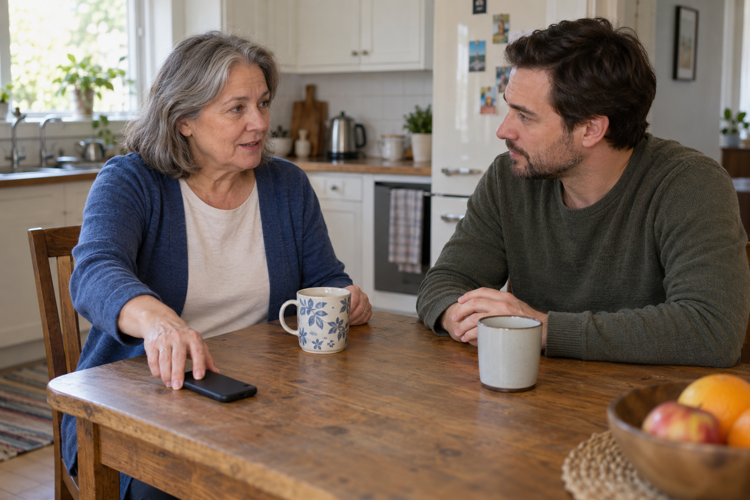 Two adults sit together at a kitchen table as one puts a phone down beside them.