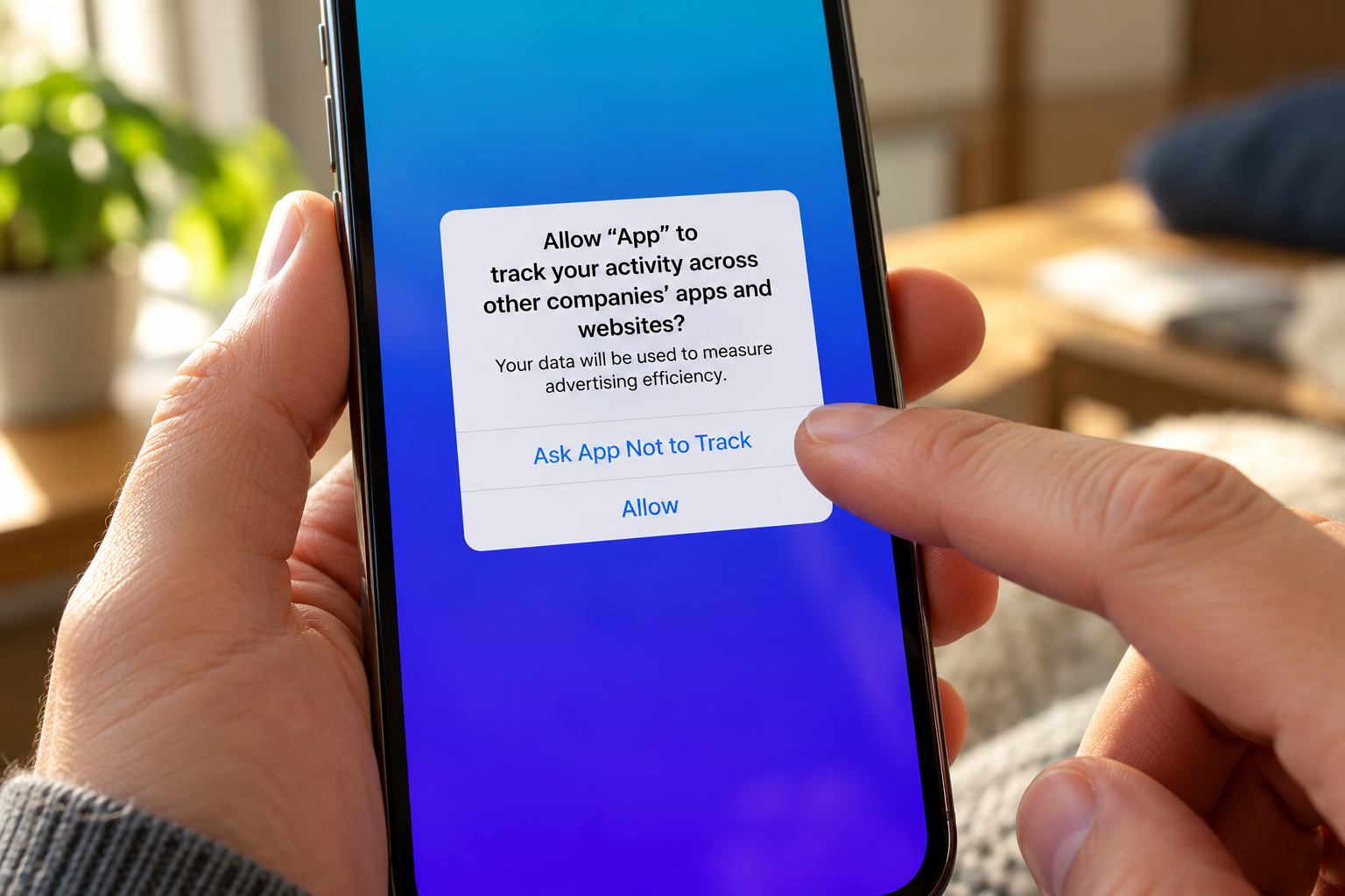 Illustrative close-up of a person selecting Ask App Not to Track on the iPhone App Tracking Transparency dialog introduced in 2021.