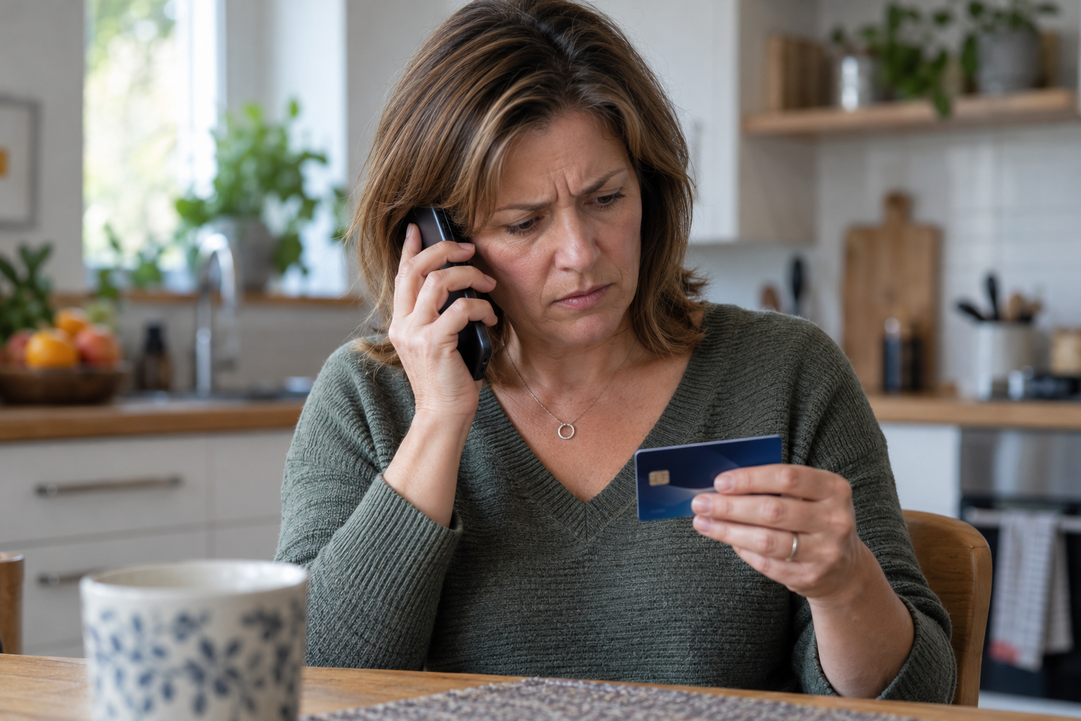 Illustrative photograph of a skeptical woman holding a bank card while listening to a mobile phone call.