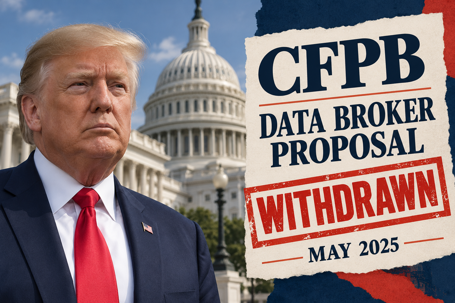CFPB data broker rule editorial collage showing Donald Trump beside a graphic identifying the May 2025 proposal withdrawal.