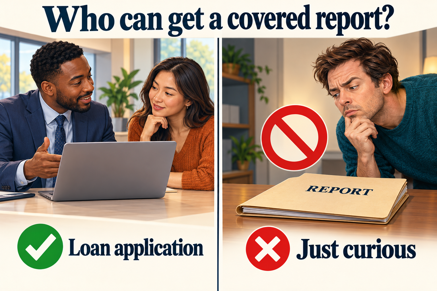 Illustrated comparison of a bank loan consultation as a permitted-purpose example and mere curiosity as an invalid reason to obtain a covered consumer report.