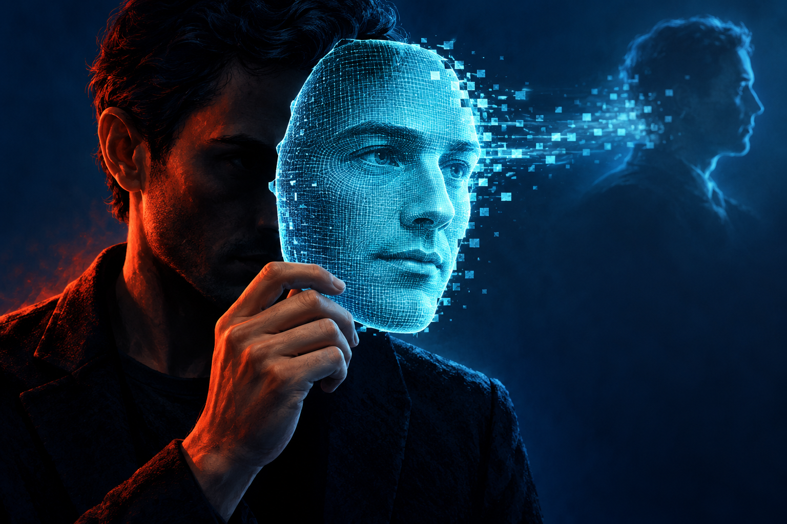 Concept illustration of an impostor holding another person's glowing digital face as a mask, with a copied profile in the background.