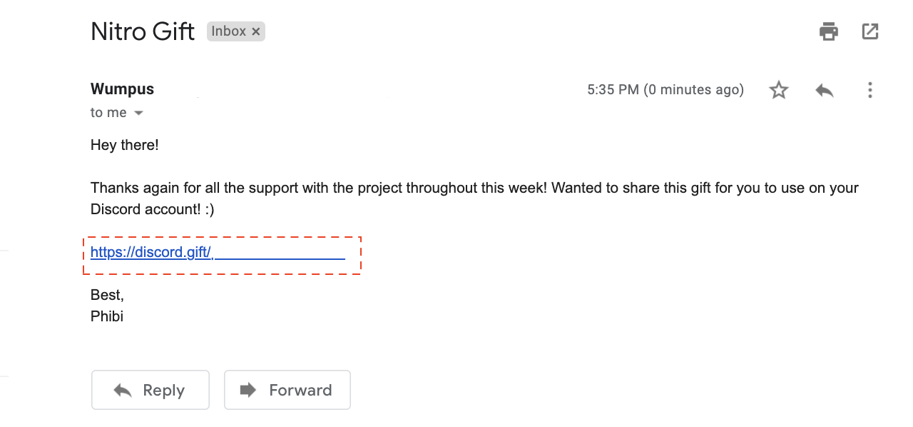 Discord's official Nitro gift email example with the discord.gift link highlighted.