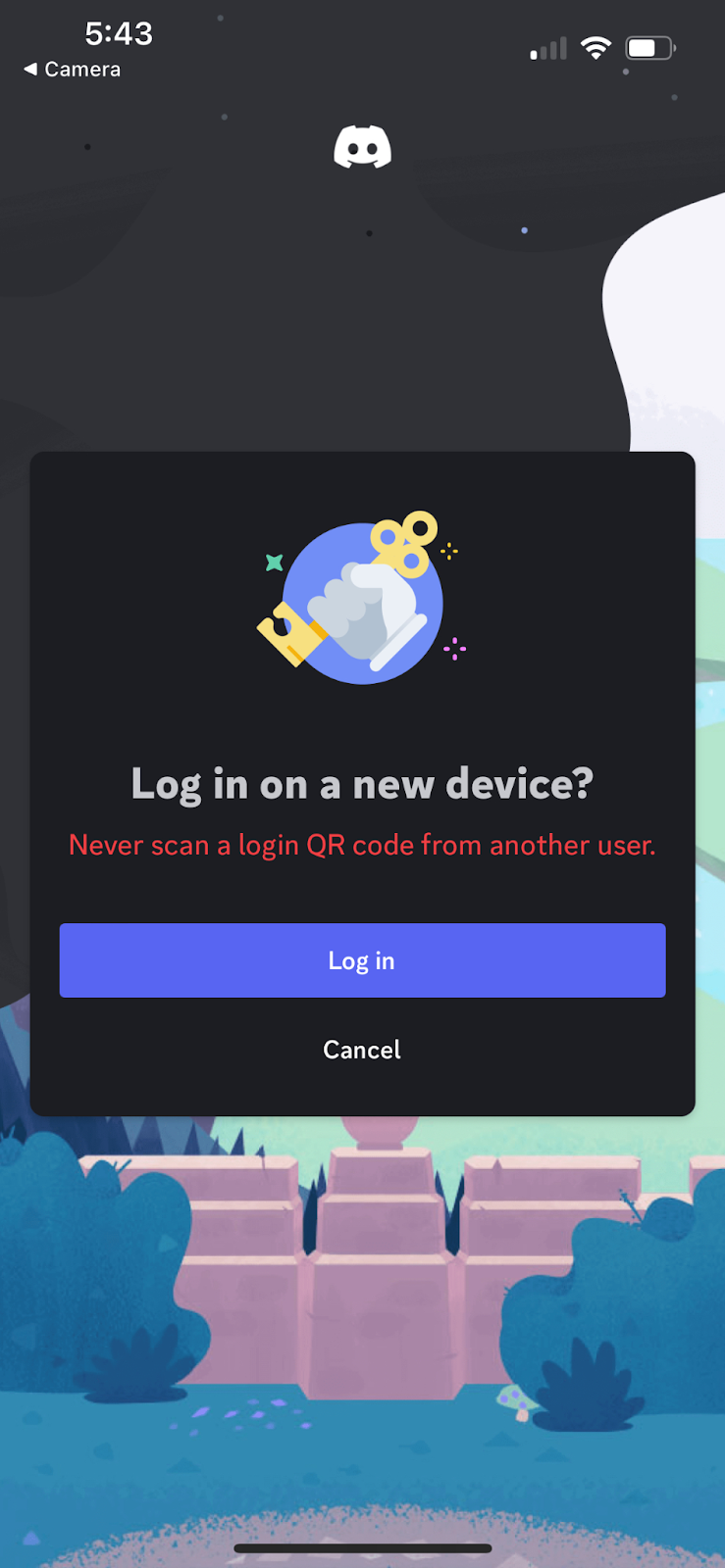 Discord login approval screen for a gaming account, warning against another user's QR code, with Log in and Cancel buttons.