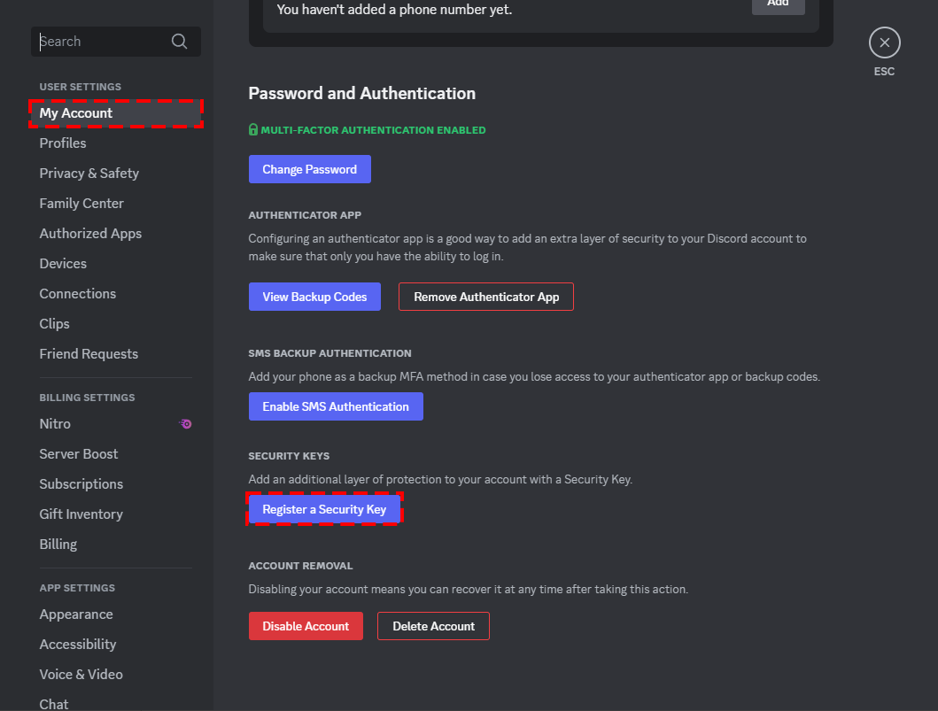 Discord's official My Account settings example showing Change Password and authentication controls.