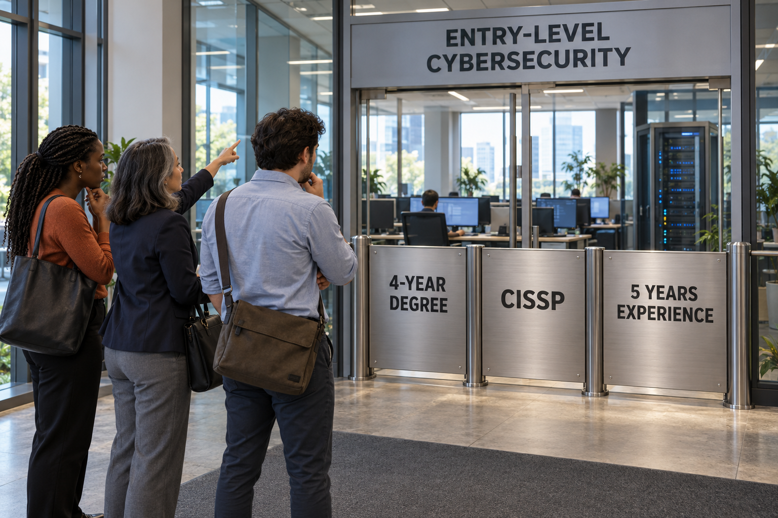 Three adults face a closed gate labeled 4-year degree, CISSP and 5 years experience beneath an Entry-Level Cybersecurity sign.