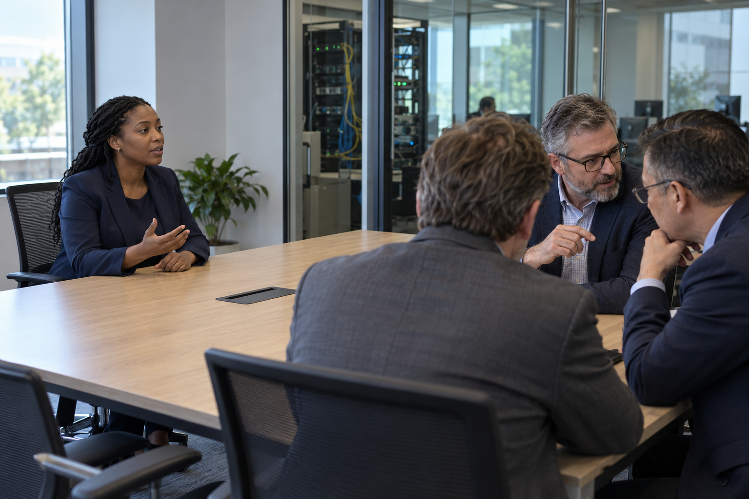 An applicant gesturing across an interview table while three interviewers turn toward one another in a separate conversation.