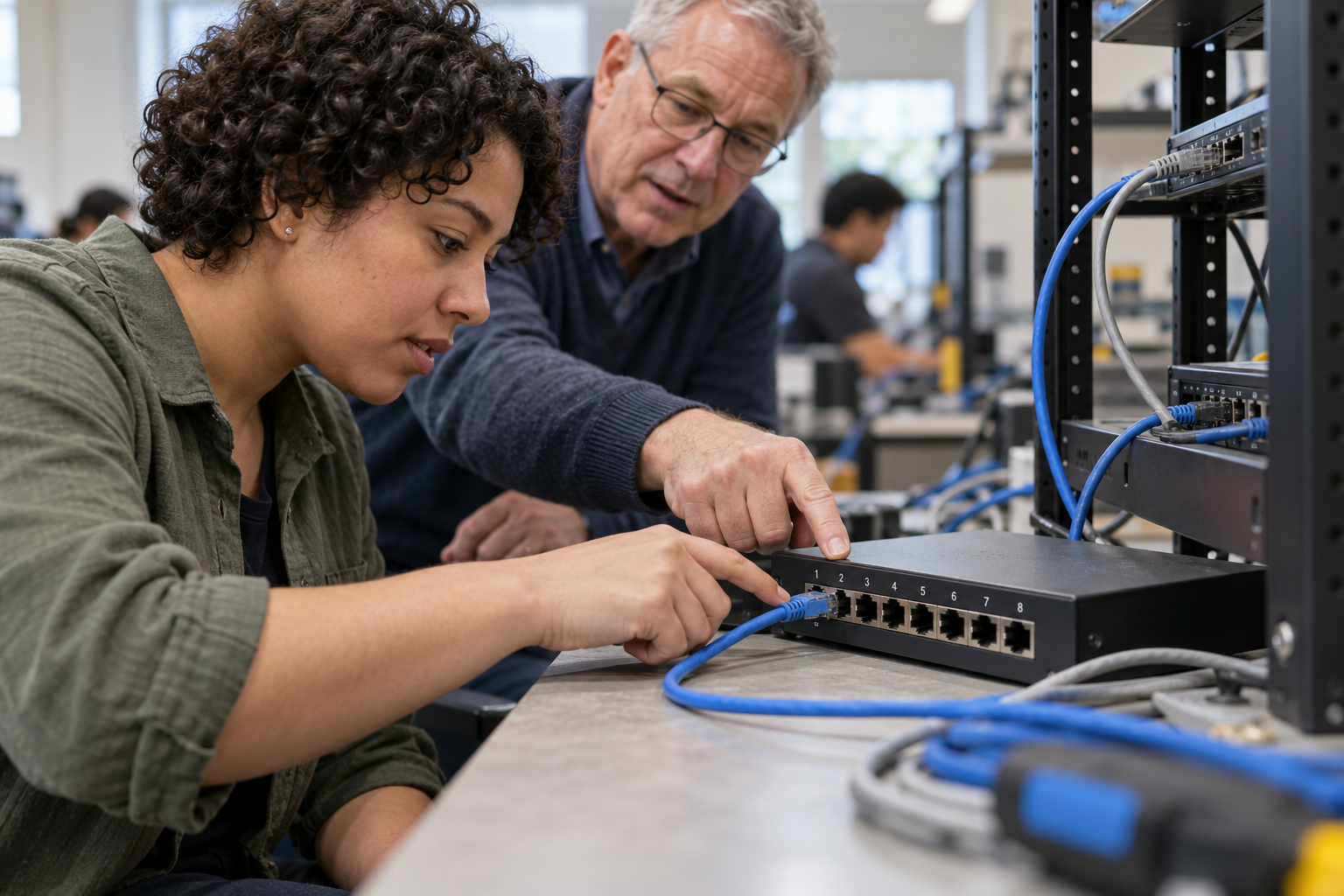 A learner tracing a blue Ethernet cable to a seated switch port while an instructor points beside the port label.