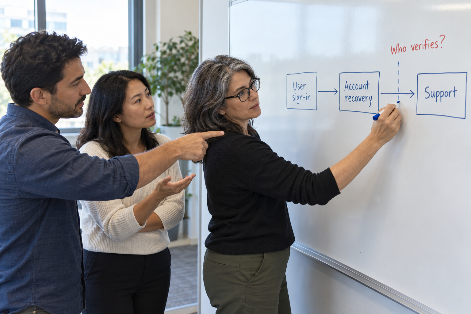 Three colleagues discuss a whiteboard flow from user sign-in through account recovery to support, while one draws a dashed boundary beside the question “Who verifies?”