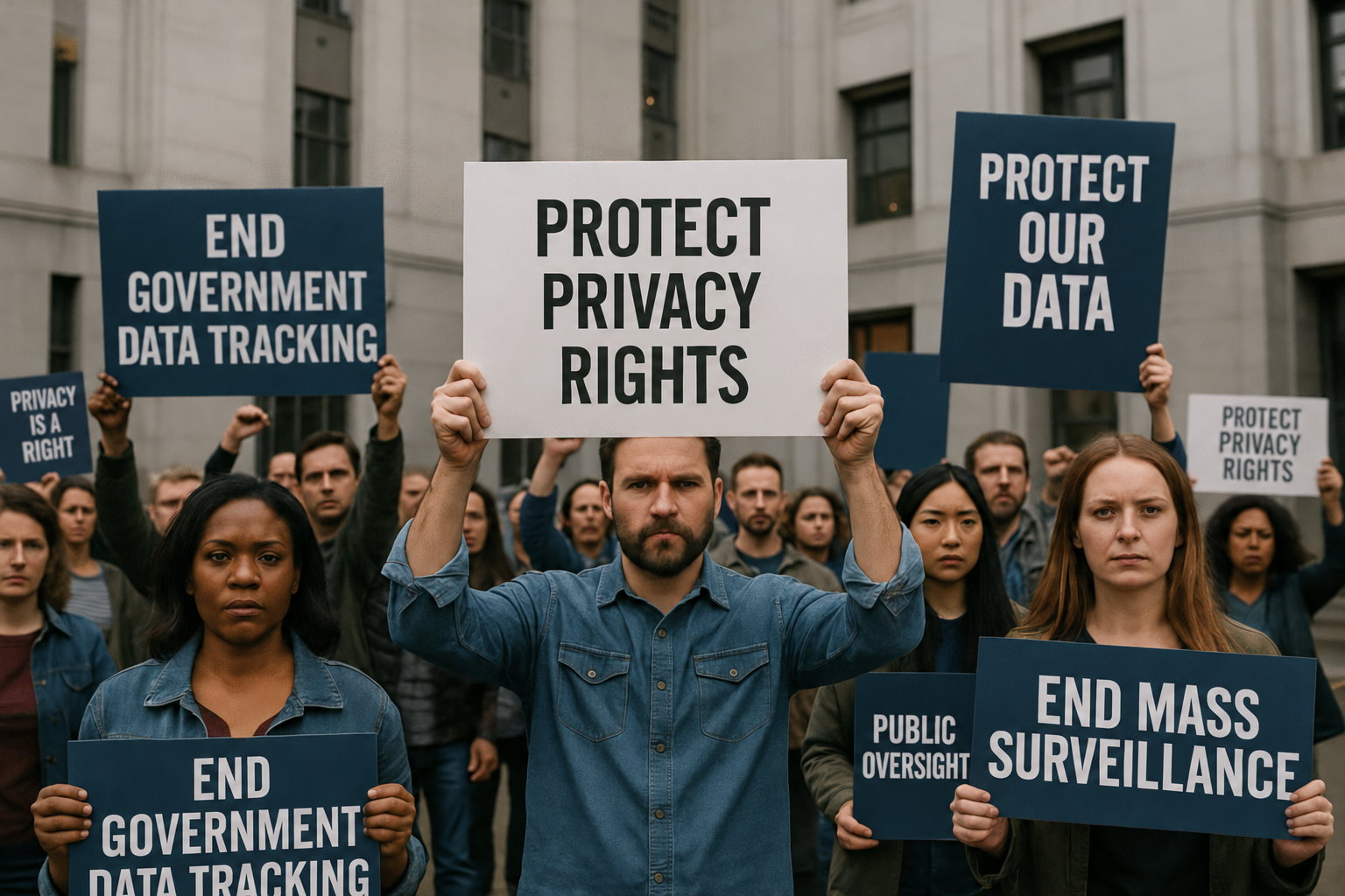 Generated editorial protest scene with people holding Protect Privacy Rights, Protect Our Data, Public Oversight and End Mass Surveillance placards outside a civic building.
