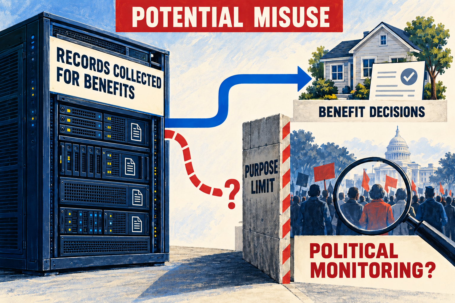 Conceptual illustration of benefit records following a blue path to benefit decisions, while a questioned red branch stops at a purpose limit before political monitoring of a public gathering.