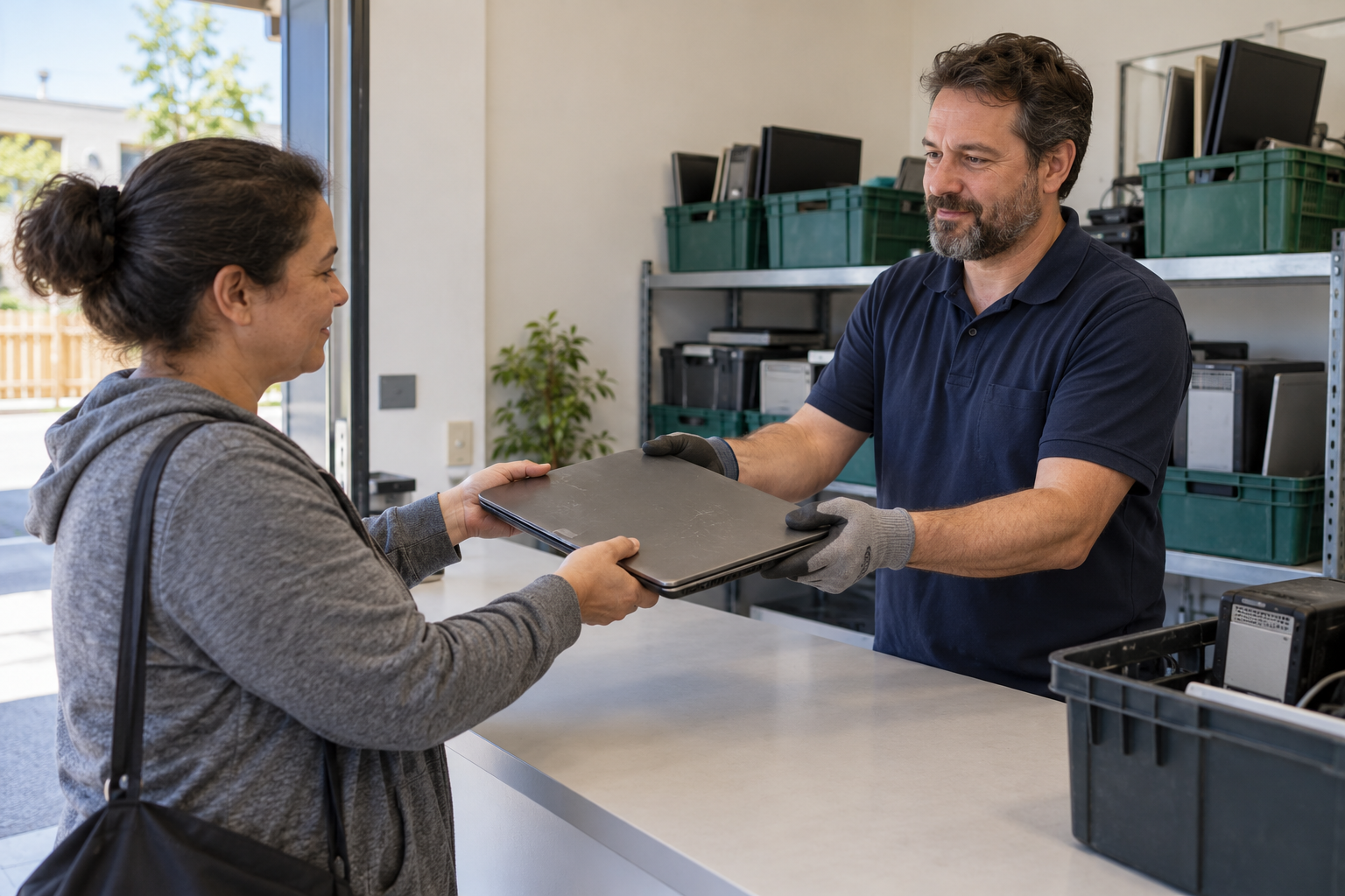 A resident hands a worn closed laptop to a worker across an electronics collection counter.