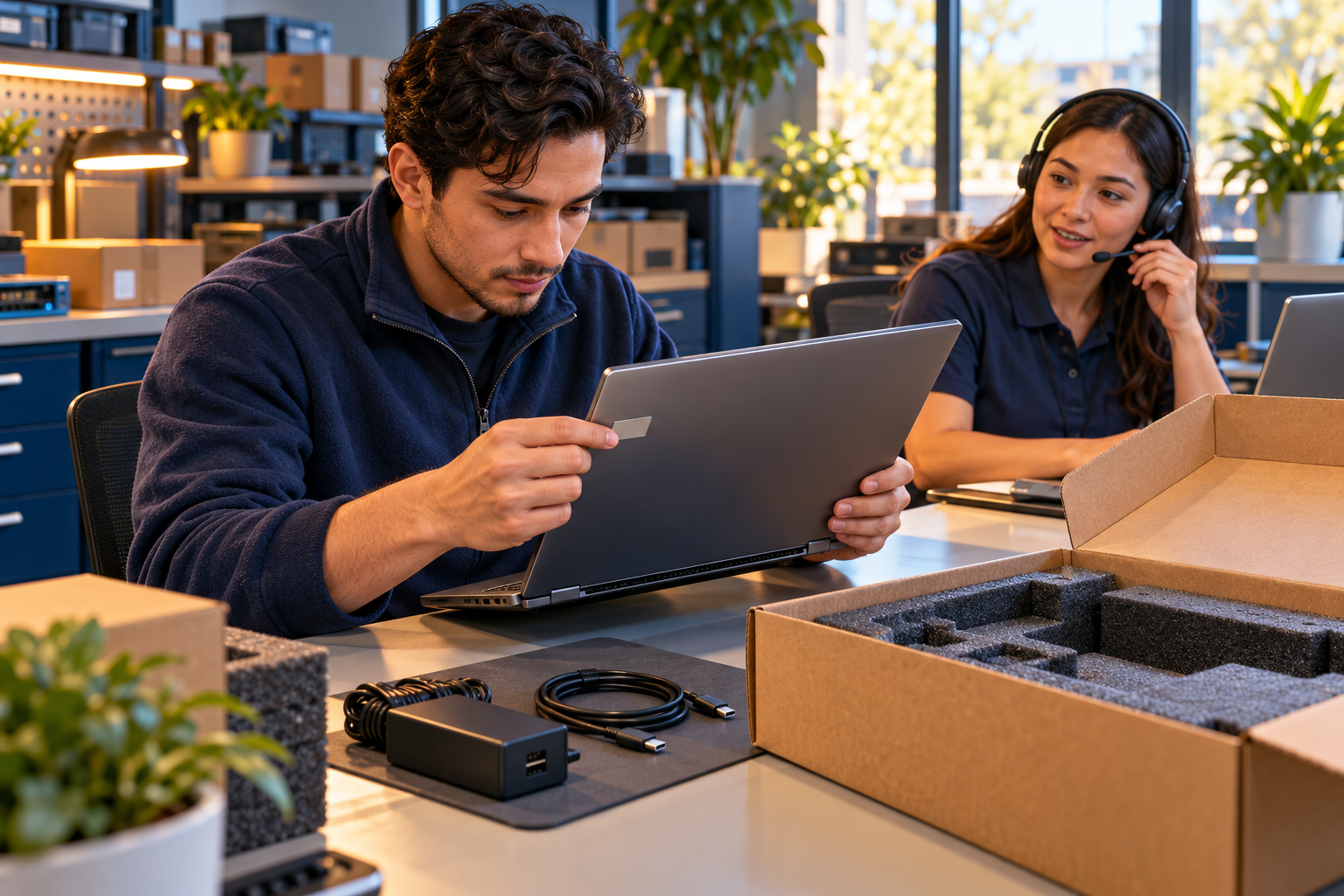 Concept illustration of IT staff inspecting a company laptop before shipment while a colleague coordinates a verification call.