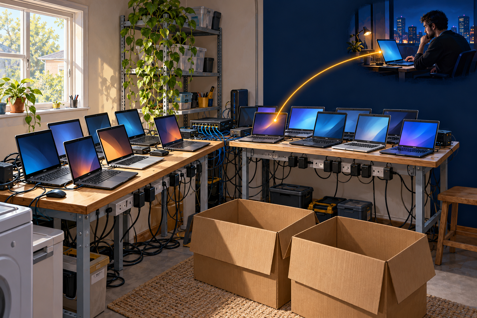 Concept illustration of employer laptops at an intermediary location, connected visually to a separate remote operator.