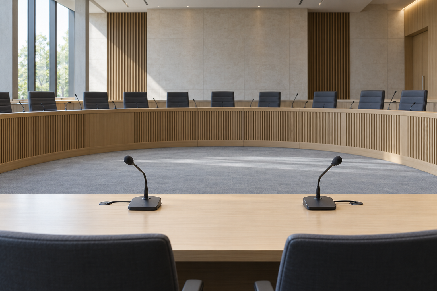 Empty modern committee hearing room with microphones and member seating, illustrating independent intelligence oversight.
